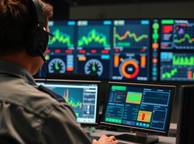 Centro de monitoreo con el estado de la red de terminales en pantalla